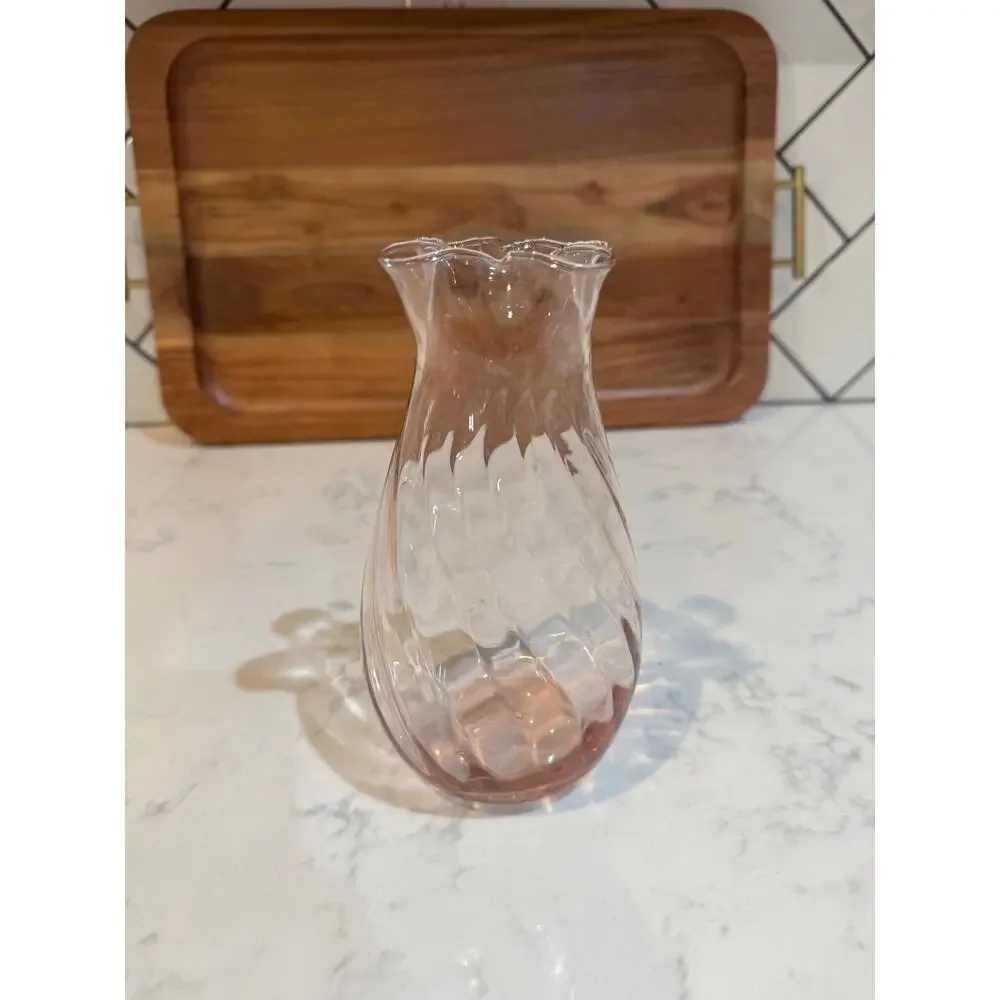 pink optic swirl hand-blown art glass vase with a ruffled or crimped rim vintage